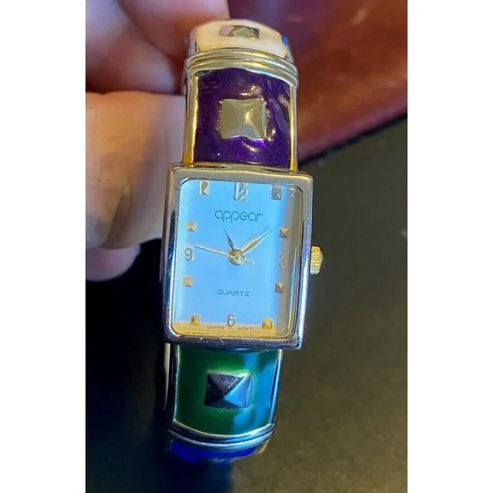 Women's Appear Bangle Bracelet Watch, Silver Tone with Enamel Accents
